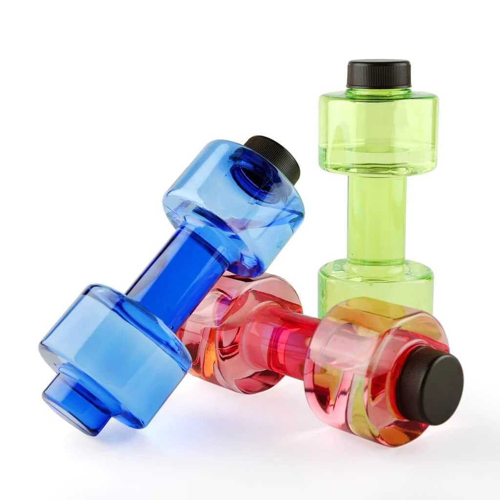 Giftock Plastic Dumbbell Shape Water Bottle Plastic Portable Dumble Water Bottle, Multicolour Stylish Plastic Dumbbell Sports Bottle, Fitness Gym Water Bottle (PACK OF 2)