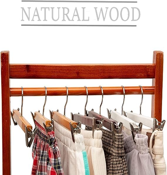 Giftock Wooden Clip Hanger Space-Saving Skirt Holders Central Heavy Closet, Pants and Shorts Hangers, Ridged Non-Slip with Pinch Clips, 360-Rotating Chrome Swivel Hook (Walnut, 1 Pc)