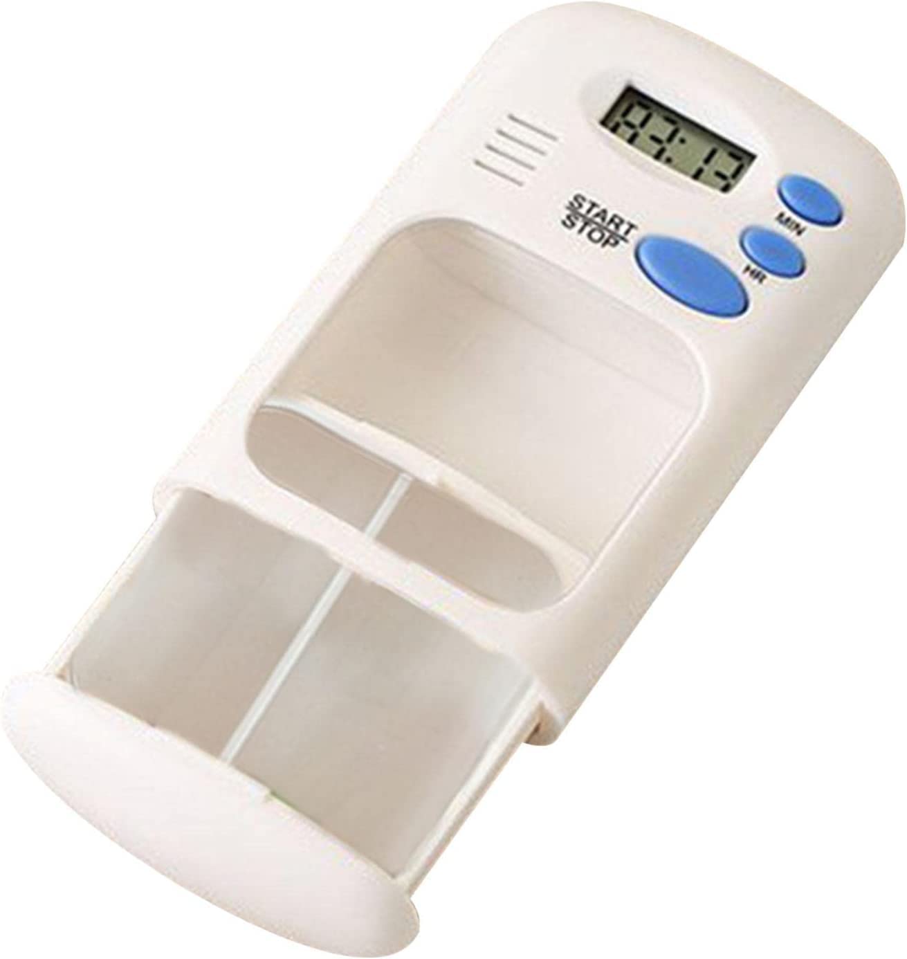 Giftock travel Pill Dispenser Case, Pill Reminder Medicine Dispenser Two Slot Pill Box with Alarm with 0.7 Inches LCD Transparent Card Buckle Holder for Elders, White color, 1Pcs