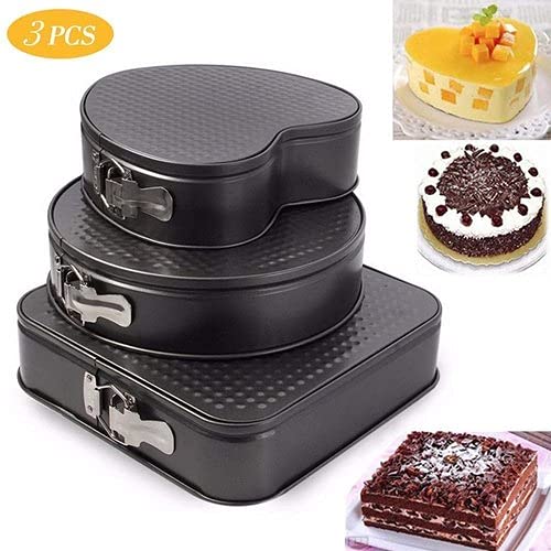 Giftock Cake Tin Teflon Coated Non Stick Pan Cake Mould Set of 3 - Heart Square Round Shapes with Loose Base -Easy Washable - Quick Release Springform Baking Pan Shapes - for Oven(3 PCS, Black)