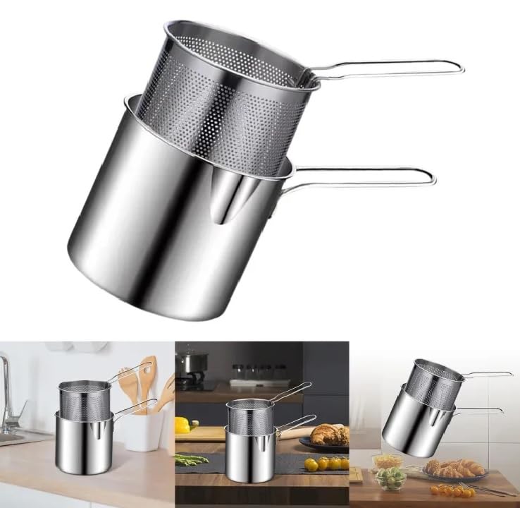 Giftock Small Deep Frying Pot with Basket 1200ml Stainless Steel Fryer Pot with Long Handle Mini deep Oil Fryer for French Fries/Shrimp/Fish/Chicken Wings/Boiling Butter/Sauce/Gravies/Pasta(1-Pcs)