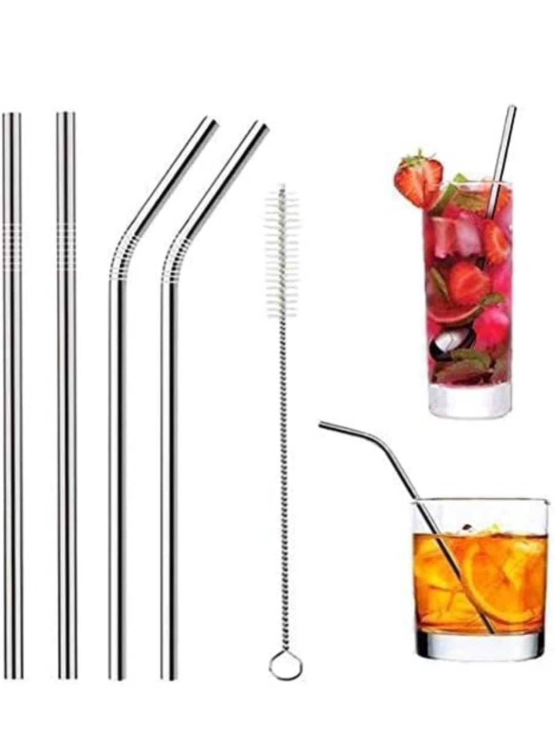 Giftock Set of 4 Reusable Metal Straws, Long Stainless Steel Straw with Cleaning Brushes, Drinking for 30 oz and 20 oz Tumblers.(2Bent + 2 Straight + 1 Brush)