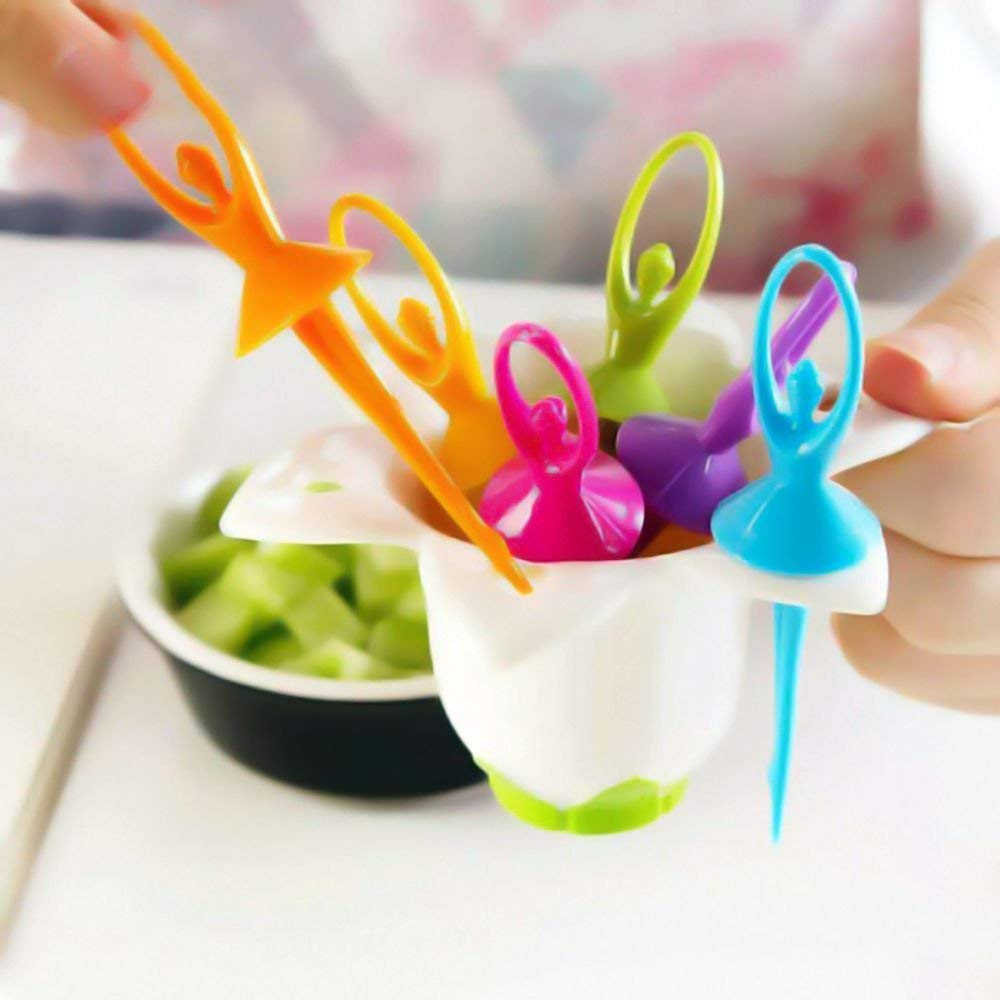 Giftock Plastic Dancing Doll Fruit Fork Set of 6 with Stand for Kids and Adults (Multicolor)