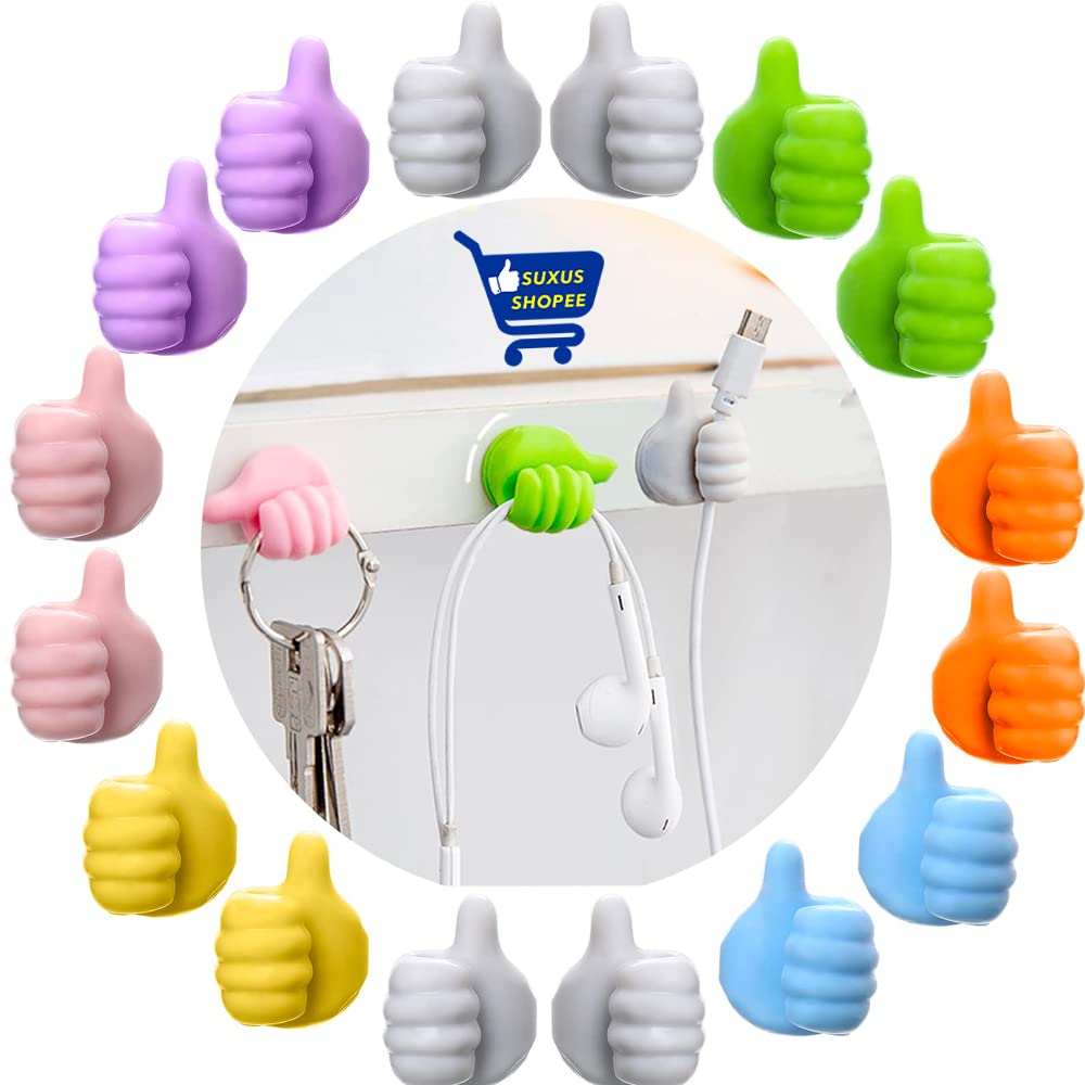 Giftock Thumb Shaped Decorative Self Adhesive Silicone Wall Hooks, Cable Organizers for Home & Office - Multi Color (Pack of 10)