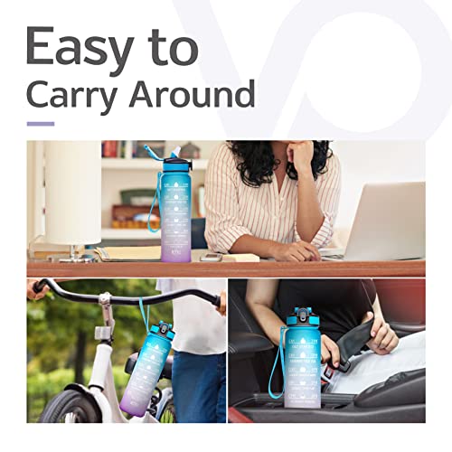 Giftock 32Oz Motivational Fitness Sports Water Bottle With Time Marker&Straw,Large Wide Mouth Leakproof Durable Bpa Free Non-Toxic-Ombre Green Purple (Plastic,Pack Of 1 Bottle),32 fluid_ounce