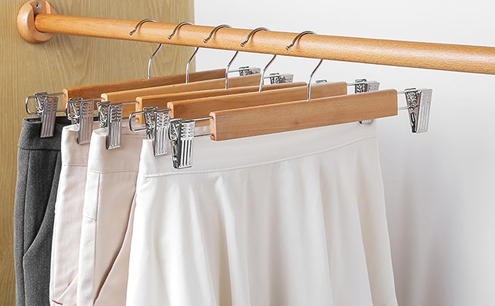 Giftock Wooden Clip Hanger Space-Saving Skirt Holders Central Heavy Closet, Pants and Shorts Hangers, Ridged Non-Slip with Pinch Clips, 360-Rotating Chrome Swivel Hook (Walnut, 1 Pc)