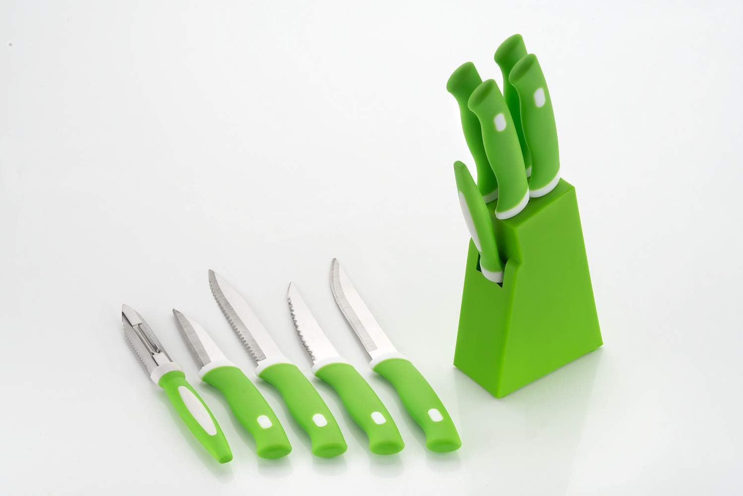 Giftock Knife Set for Kitchen with Stand, Knife Set for Kitchen use, Knife Holder for Kitchen with Knife 5-Pieces Knife Stand (Plastic) + 4 Knife + 1 Peeler (Green)
