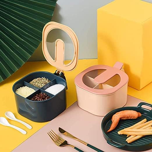 Giftock Seasoning Container 4 Compartments Seasoning Box Spice Jar Condiment Container Kitchen Spice Box Salt Jar with Spoons