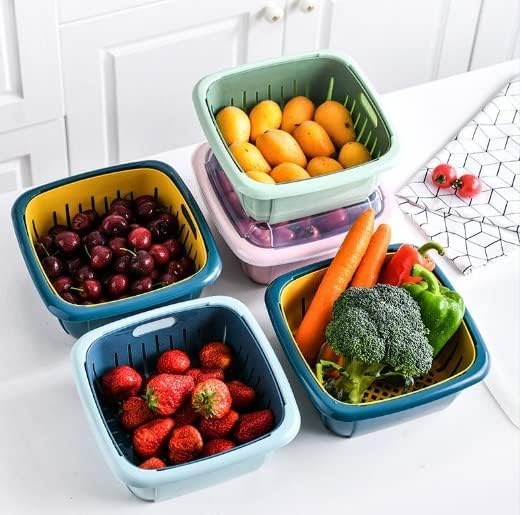 Giftock 2 in 1 Multi Function Filter Basket Bowl Set Filter Bowl Set, Double-Layer Drain Basin and Basket, Clean, Wash, Mix Fruit, Convenient for Fruit & Vegetable Washing (Pack of 2)