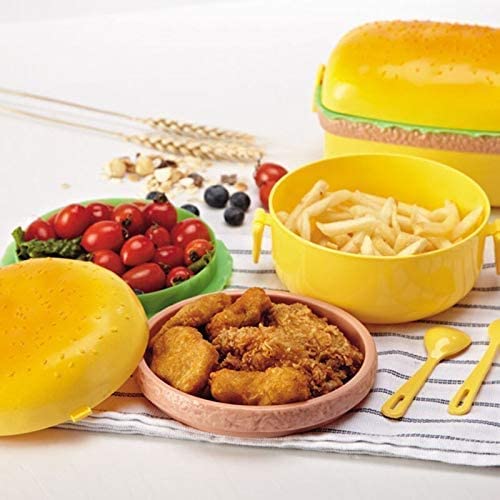 Giftock Burger Shape Lunch Box for Kids - School Tiffin Box for Boys & Girls, Leak Proof Plastic Snacks Lunch Box with 3 Layer 4 Compartments with 2 Spoons for Adults and Kids PP (Pack of 1)