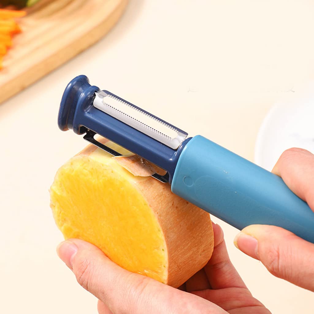 Giftock 2 in 1 Vegetable Peeler Knife Sharpener Serrated Peeler Stainless Steel Veggie Fruit Potato Peeler for Hard Skinned Carrot Potatoes Cucumber Kitchen (Blue)