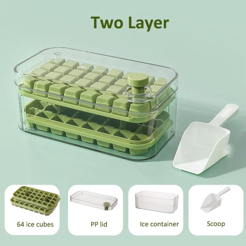 Giftock 2 Layer Ice Cube Tray with Lid & Bin, Square Ice Cubes Molds with Ice Scoop, One Tap Easy Release & Save Space, Bpa Free Ice Cube Storage Container 64 Ice Cubes