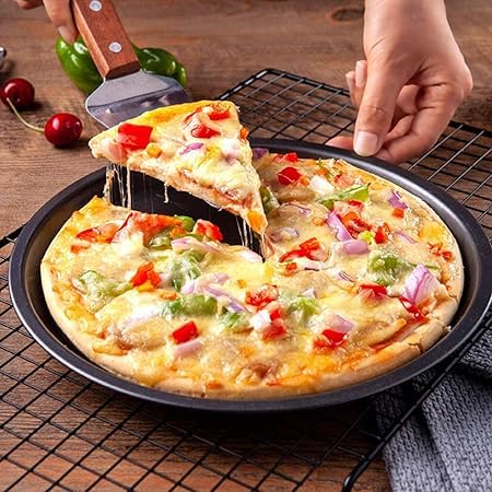 Giftock Carbon Steel Pizza Baking Pan - Set of 3 Carbon Steel Pizza Pan Tray for Baking in Microwave Oven Non Stick Set of 3 Black