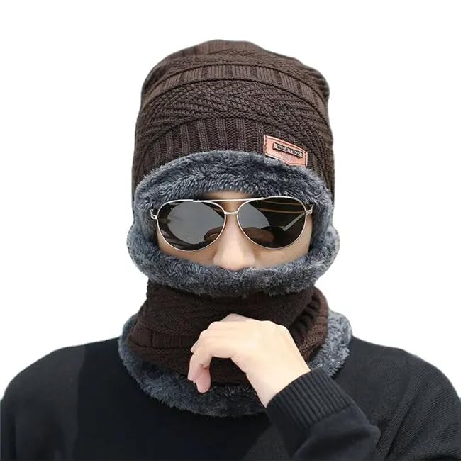 Giftock Wool Beanie Cap & Muffler for Mens & Women  Winter Cap for Men  Mens Woolen Cap with Neck Muffler  Winter Muffler for Women  Soft Woolen Muffler & Cap for Men & Women Black