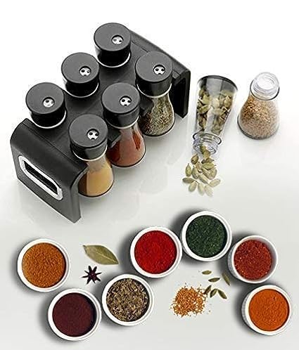 Giftock Store Round Shape Transparent 6 Piece Jar Spice Rack Kitchen Spices and Masala Storage (Black) (6 - Pcs Spice Rack)