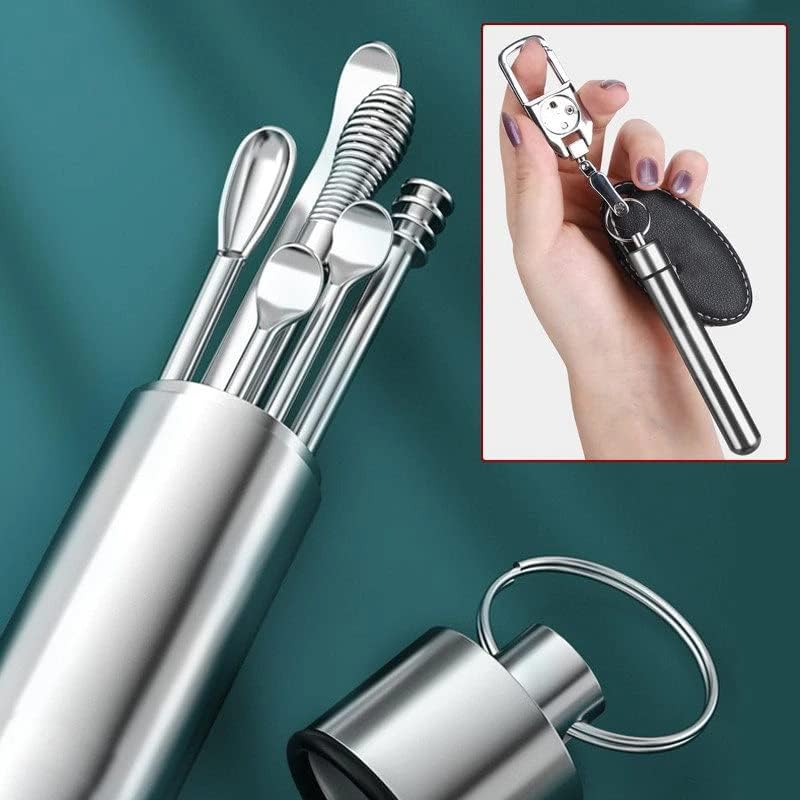 Giftock 6 Pcs Ear Cleansing Tool Set with Keychain Box | Earwax Removal Kit | Stainless Steel Ear Curette and Spring Ear Buds Cleaner with a Cleaning Brush and Storage Box | Medical Grade