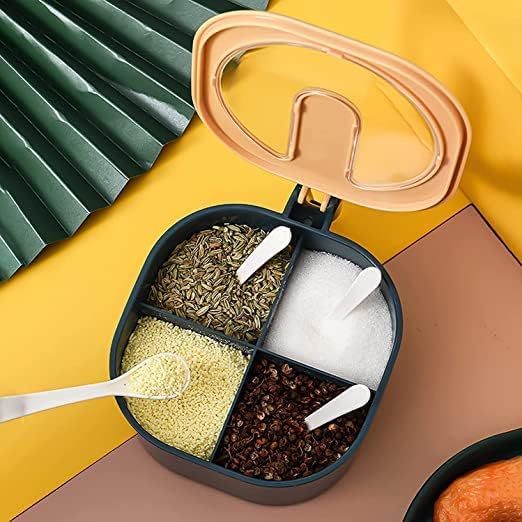 Giftock Seasoning Container 4 Compartments Seasoning Box Spice Jar Condiment Container Kitchen Spice Box Salt Jar with Spoons