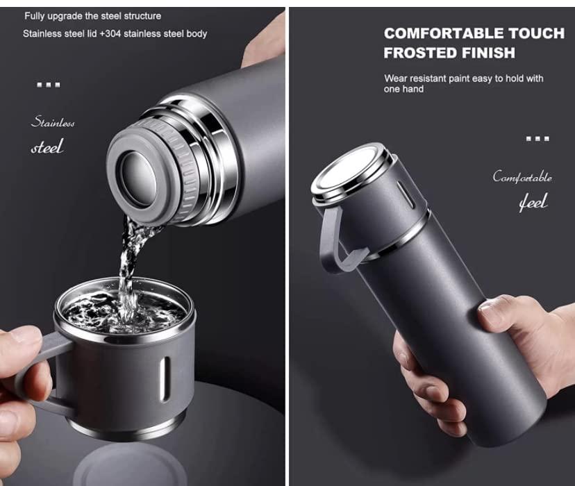 Giftock Prejak Double Wall Stainless Steel Thermo 500Ml Vacuum Insulated Bottle Water Flask Gift Set With Two Cups Hot & Cold | Assorted Color | Diwali Gifts For Employees | Corporate Gift Items