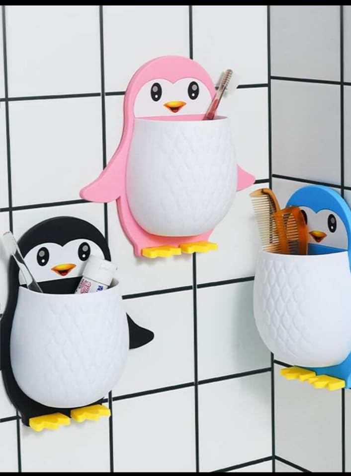 Giftock Toothbrush Holder Storage Organizer for Bathroom Wall Mounted Penguin Shape with Self Adhesive Stick Multipurpose Wall Shelves Plastic (1)