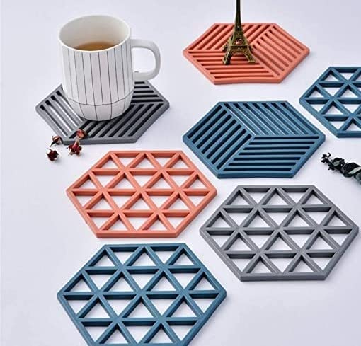 Giftock Silicone Trivets 6 Pcs 6.33 5.5 in Non-Slip Heat Resistant Hot Pots and Pans Holder, Expandable Hexagon Mats for Kitchen Cooking Counter