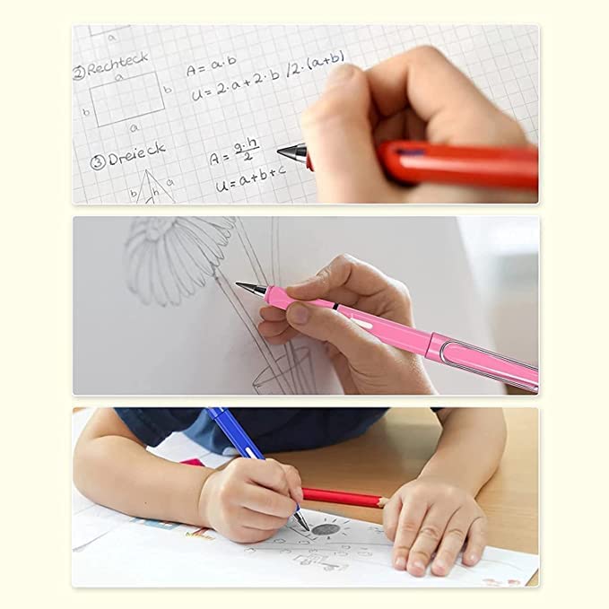 Giftock Reusable Everlasting Inkless Pencils - Portable Replaceable Graphite Nib Eternal Erasable Metal Writing Pens Triangular Golf Stationary Set (Pack of 2)