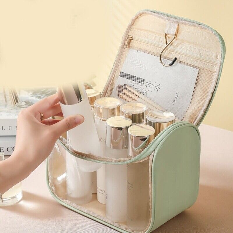 Giftock Makeup Bag, Portable Cosmetic Bag, Large Capacity Travel Makeup Organizer, Leather Cosmetic Brush Case for Women Toiletry Bag for Girls with Handle and Divider (Light Pink)