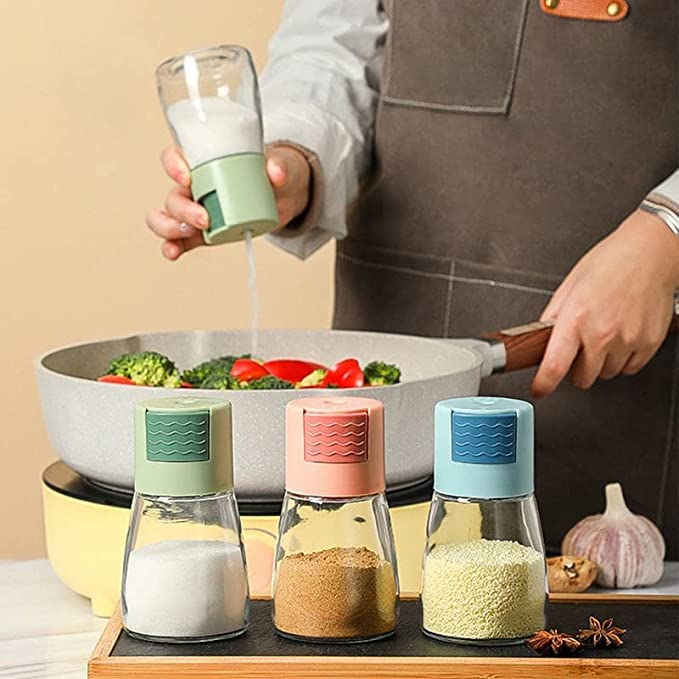 Giftock Autolink 2 pcs Salt Dispenser Metering Salt Shaker Press-Type Quantitative Seasoning Sprice Bottle Glass Spice Salt Pepper Container Dispenser Air-Tight Glass