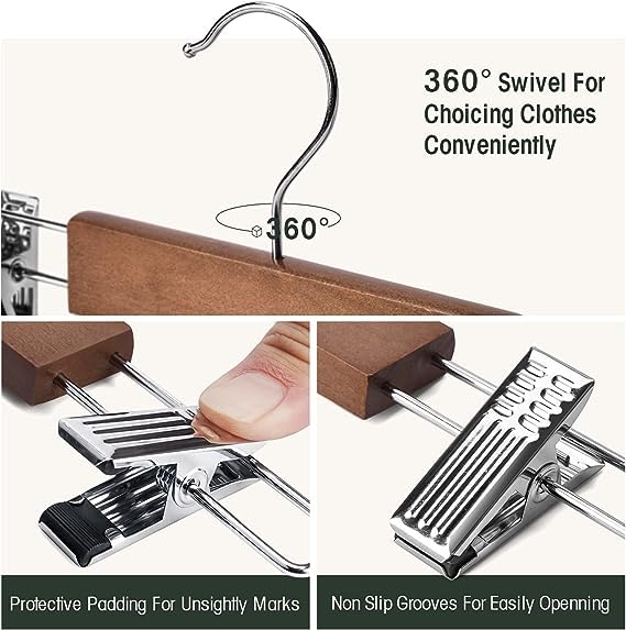 Giftock Wooden Clip Hanger Space-Saving Skirt Holders Central Heavy Closet, Pants and Shorts Hangers, Ridged Non-Slip with Pinch Clips, 360-Rotating Chrome Swivel Hook (Walnut, 1 Pc)