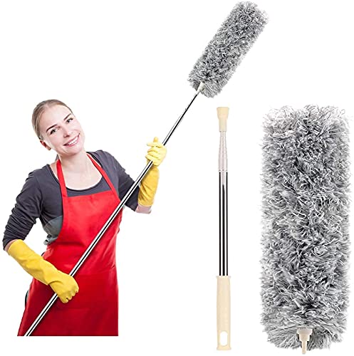 Giftock Microfiber Feather Duster Bendable & Extendable Fan Cleaning Duster with 100 inches Expandable Pole Handle Washable Duster for High Ceiling Fans, Window Blinds, Furniture (Grey)