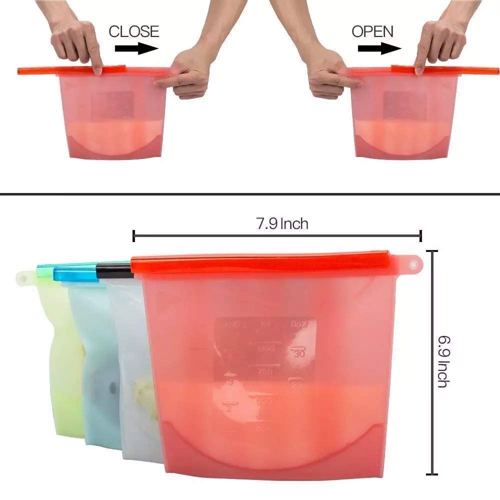Giftock  Silicone Food Bag Reusable Seal Storage Container Silicone Food Preservation Bag Freezer Leak-Proof Cooking Ziplock Bags Blue 1000 ml (1 liter, 3 piece)