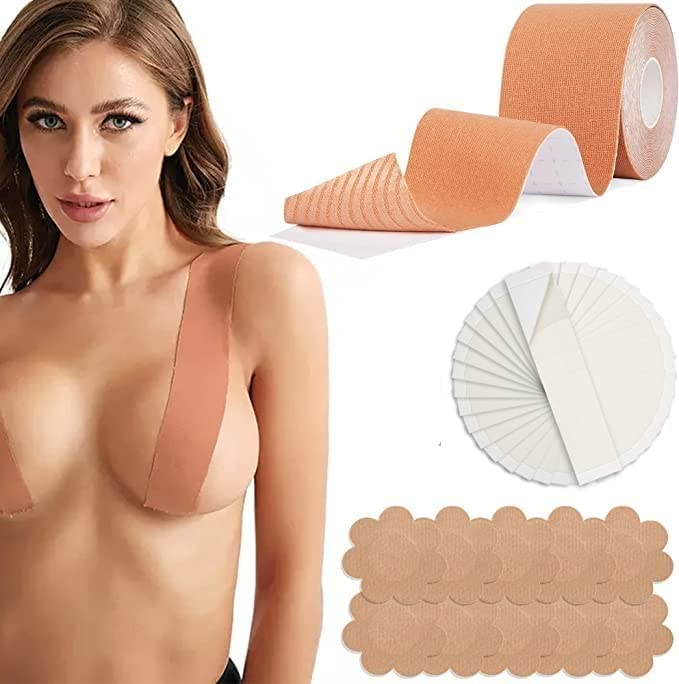 Giftock Boob Tape with 10 Nipple Pasties for Women Push Up & Lifting Breast Tape Breast Lift Bra Tape for Breast Lift Double Sided Tape (Boob Tape) Beige