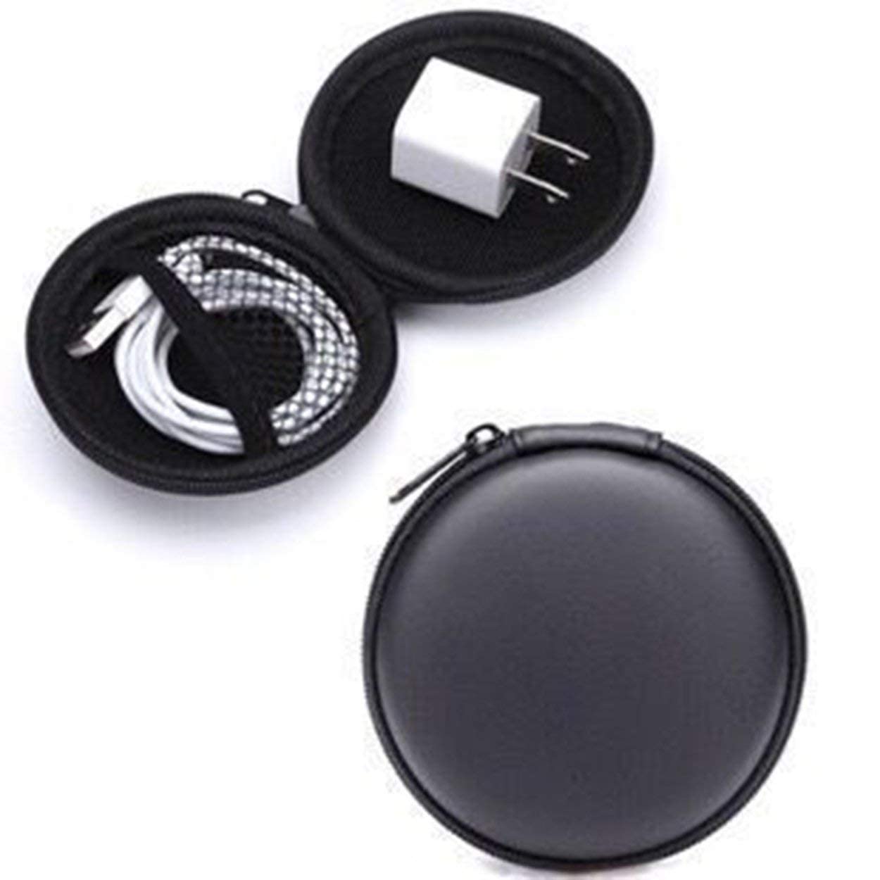 Giftock Round Zippered EVA Pouch for Earphone USB Cables Earbuds (Black) Pack of 1