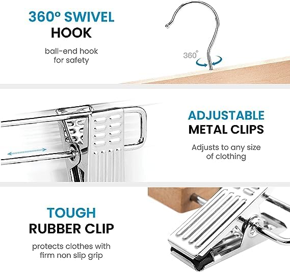 Giftock Wooden Clip Hanger Space-Saving Skirt Holders Central Heavy Closet, Pants and Shorts Hangers, Ridged Non-Slip with Pinch Clips, 360-Rotating Chrome Swivel Hook (Walnut, 1 Pc)