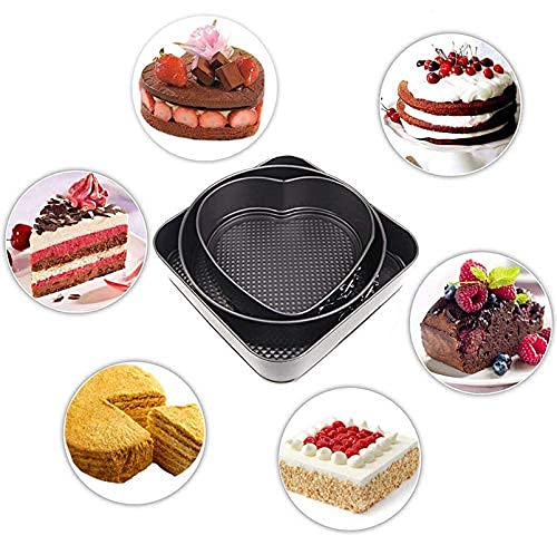 Giftock Cake Tin Teflon Coated Non Stick Pan Cake Mould Set of 3 - Heart Square Round Shapes with Loose Base -Easy Washable - Quick Release Springform Baking Pan Shapes - for Oven(3 PCS, Black)