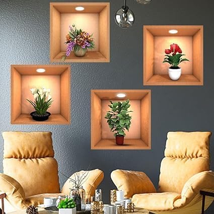Giftock 3D Flower Wall Sticker - 4 Pcs New Creative Simulation Green Plant Pot Stickers, Self Adhesive Waterproof Wall Paper Decorative Stickers