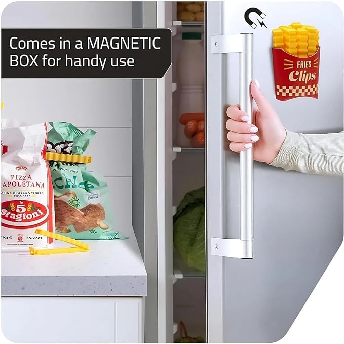 Giftock home and kitchen Creative Snack Sealing Clips Clamp French Fries Plastic Bag Sealers with Holder Fridge Magnet Small Packets Food Seal Mini Clips (12 PCS Set)