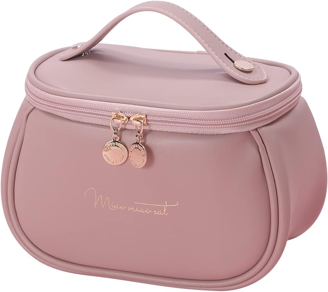 Giftock Makeup Bag, Portable Cosmetic Bag, Large Capacity Travel Makeup Organizer, Leather Cosmetic Brush Case for Women Toiletry Bag for Girls with Handle and Divider (Light Pink)