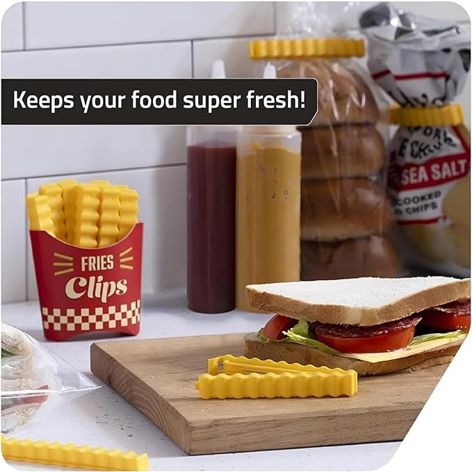 Giftock home and kitchen Creative Snack Sealing Clips Clamp French Fries Plastic Bag Sealers with Holder Fridge Magnet Small Packets Food Seal Mini Clips (12 PCS Set)