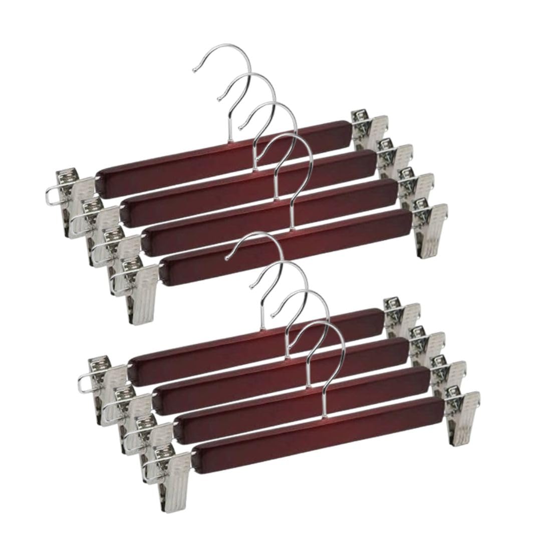 Giftock Wooden Clip Hanger Space-Saving Skirt Holders Central Heavy Closet, Pants and Shorts Hangers, Ridged Non-Slip with Pinch Clips, 360-Rotating Chrome Swivel Hook (Walnut, 1 Pc)