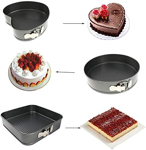 Giftock Cake Tin Teflon Coated Non Stick Pan Cake Mould Set of 3 - Heart Square Round Shapes with Loose Base -Easy Washable - Quick Release Springform Baking Pan Shapes - for Oven(3 PCS, Black)