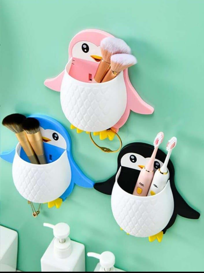 Giftock Toothbrush Holder Storage Organizer for Bathroom Wall Mounted Penguin Shape with Self Adhesive Stick Multipurpose Wall Shelves Plastic (1)
