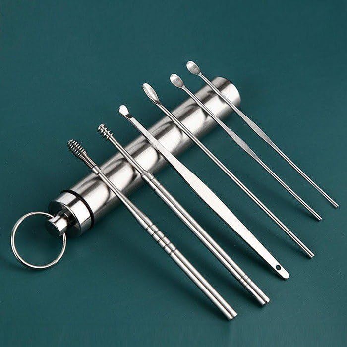 Giftock 6 Pcs Ear Cleansing Tool Set with Keychain Box | Earwax Removal Kit | Stainless Steel Ear Curette and Spring Ear Buds Cleaner with a Cleaning Brush and Storage Box | Medical Grade