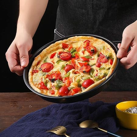 Giftock Carbon Steel Pizza Baking Pan - Set of 3 Carbon Steel Pizza Pan Tray for Baking in Microwave Oven Non Stick Set of 3 Black