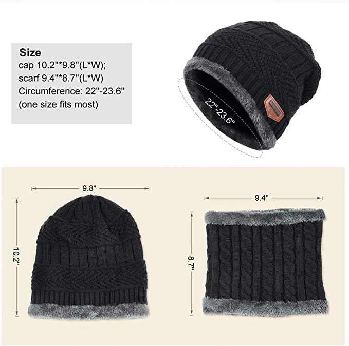 Giftock Wool Beanie Cap & Muffler for Mens & Women  Winter Cap for Men  Mens Woolen Cap with Neck Muffler  Winter Muffler for Women  Soft Woolen Muffler & Cap for Men & Women Black