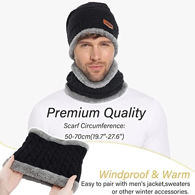 Giftock Wool Beanie Cap & Muffler for Mens & Women  Winter Cap for Men  Mens Woolen Cap with Neck Muffler  Winter Muffler for Women  Soft Woolen Muffler & Cap for Men & Women Black