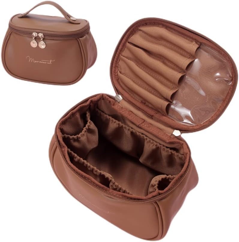 Giftock Makeup Bag, Portable Cosmetic Bag, Large Capacity Travel Makeup Organizer, Leather Cosmetic Brush Case for Women Toiletry Bag for Girls with Handle and Divider (Light Pink)