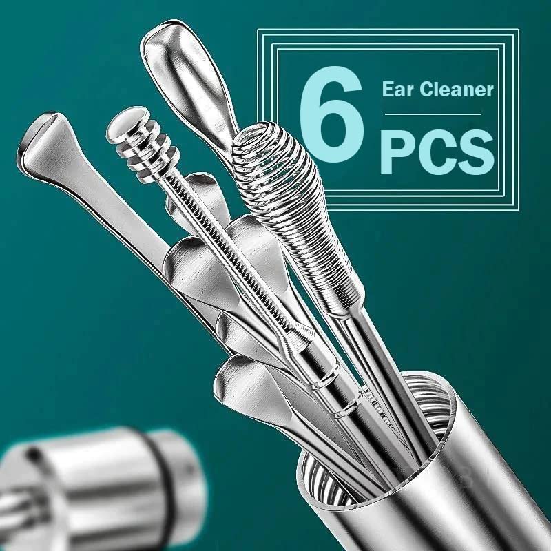 Giftock 6 Pcs Ear Cleansing Tool Set with Keychain Box | Earwax Removal Kit | Stainless Steel Ear Curette and Spring Ear Buds Cleaner with a Cleaning Brush and Storage Box | Medical Grade