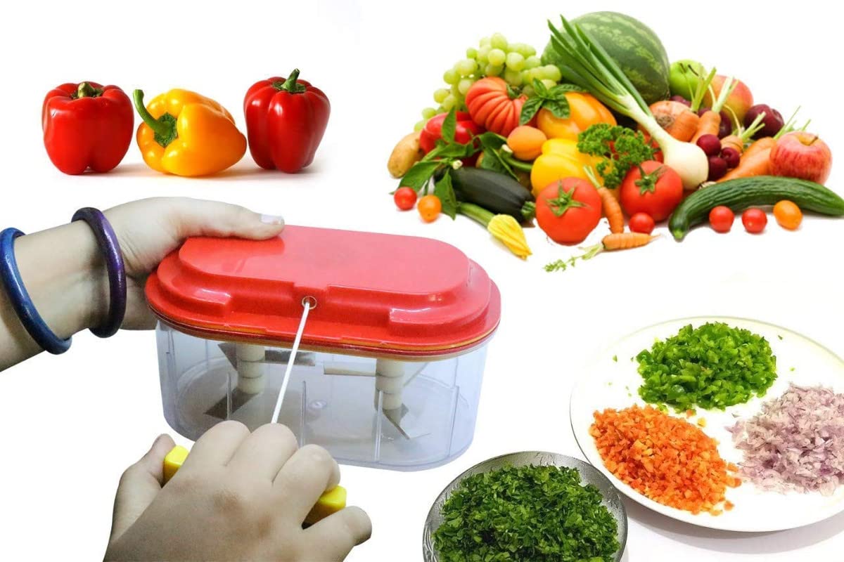 Giftock Vegetable & Nuts Chopper/Dori Chopper Dual Blades Twins Chopper Hand-Powered Double Bowl Twin Fruit & Vegetable Big Twin Chopper with 2 Chopping Blade Cutter Mixer Manual Food Processor