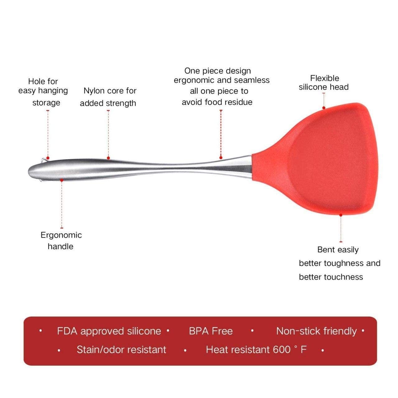 Giftock Silicon Fish Turner Spatula - Silicone Non Stick Spatula Fish Turner with Stainless Steel Metal Handle,Heat Resistant Silicone Utensils Turner for Kitchen Cooking(1Pcs, Random Color)