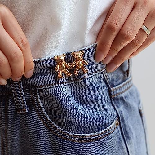 Giftock Adjustable Cute Bear Button Pins Buckle for Loose Jeans, Metal Pins Pearl Detachable Instant Button Pins, Set for Pants, Jeans, Skirts, Sleeves Tightener for Skirt Pants (Pack of 1, Silver)